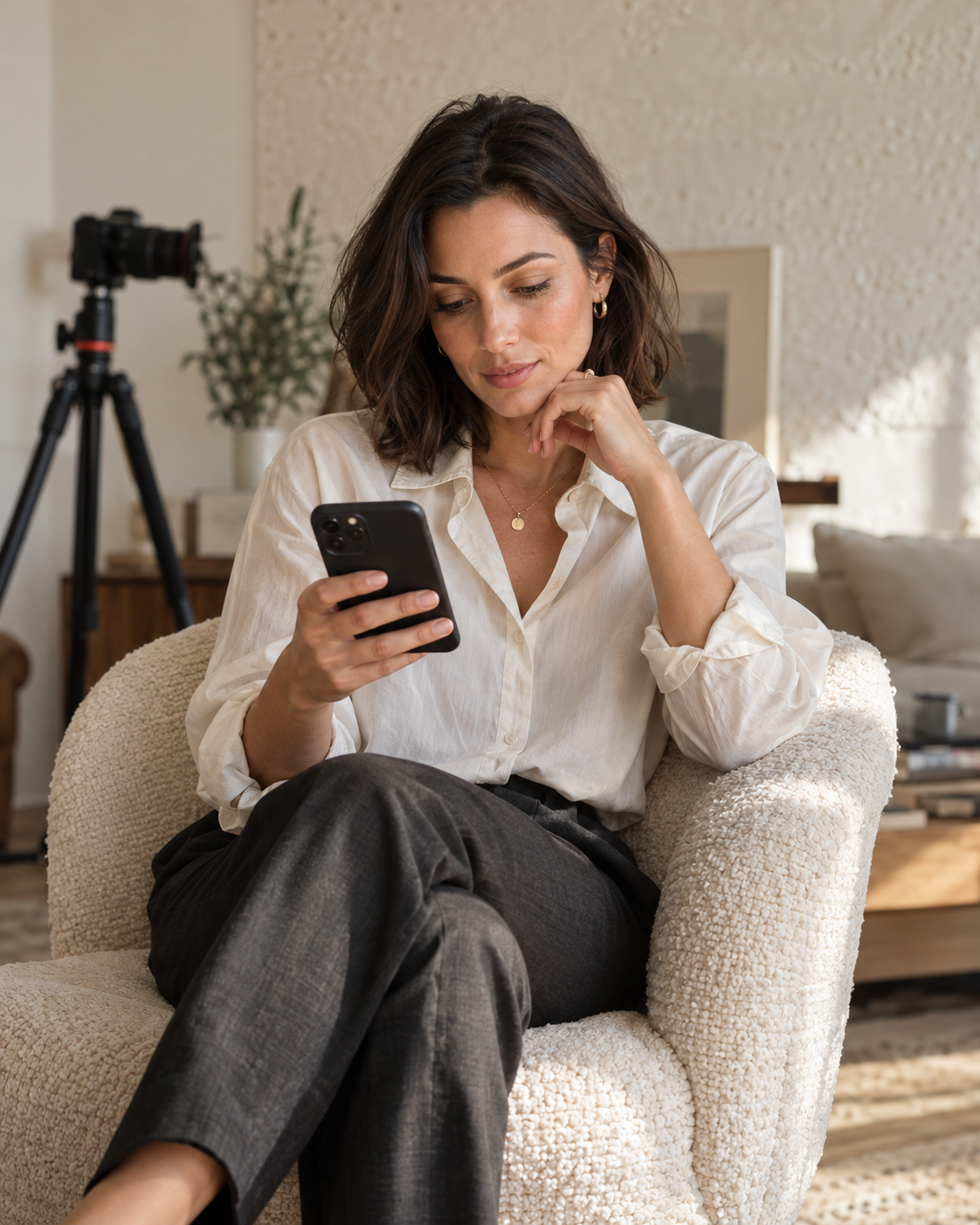 Een volwassen creator bekijkt berichten op haar telefoon na een shoot. AI-sfeerbeeld.
